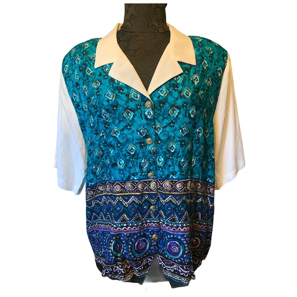 Blue Multi Geometric Print Tie Back Button Up